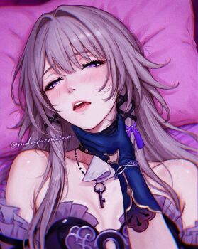 2girls ascot bare_shoulders blue_gloves blush breasts brown_hair commentary detached_sleeves dress english_commentary eyelashes frilled_dress frilled_sleeves frills gloves gold_trim hair_intakes hair_ribbon hand_on_another&#039;s_neck herta_(honkai:_star_rail) highres honkai:_star_rail honkai_(series) jewelry key key_necklace lips long_hair lying mdamemiina medium_breasts multiple_girls necklace on_back on_bed open_mouth pillow pink_pillow purple_eyes purple_ribbon ribbon ruan_mei_(honkai:_star_rail) saliva sidelocks solo_focus strapless strapless_dress teeth the_herta_(honkai:_star_rail) twitter_username upper_body upper_teeth_only white_ascot yuri