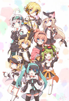2boys 6+girls ahoge animal_hat arm_up backwards_hat blonde_hair blue_eyes blue_hair cat_hat character_request choker commentary_request deformed eyelashes frown glasses green_hair gumi hair_between_eyes hair_ornament hat hatsune_miku headband headphones headset highres ia_(vocaloid) index_finger_raised kagamine_len kagamine_rin licking_lips low_twintails megurine_luka multiple_boys multiple_girls short_hair shorts smile star_(symbol) star_hair_ornament thighhighs tongue tongue_out twintails utatane_piko varinr vocaloid white_background x_hair_ornament