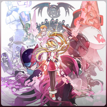 5girls 6+boys alouette_(mega_man) armor artist_name black_bodysuit blopa-inf blue_eyes blue_helmet bodysuit bodysuit_under_clothes closed_eyes copy_x_(mega_man) craft_(mega_man) cyber_elf_x_(mega_man) dark_elf_(mega_man) dr._weil_(mega_man) elpizo_(mega_man) energy_sword eye_trail fairy_leviathan_(mega_man) fighting_fefnir_(mega_man) forehead_jewel gloves glowing glowing_eyes helmet hidden_phantom_(mega_man) high-waist_skirt holding holding_polearm holding_sword holding_weapon light_trail mega_man_(series) mega_man_zero_(series) multiple_boys multiple_girls omega_(mega_man) one-eyed pantheon_(mega_man) passy_(mega_man) pink_shirt pink_skirt polearm red_armor red_eyes red_helmet red_scarf sage_harpuia_(mega_man) scarf shirt skirt sleeveless sleeveless_shirt smirk stuffed_toy sword weapon white_armor white_background white_gloves white_hair x_(mega_man) z_saber zero(z)_(mega_man) zero_(mega_man)