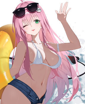 1girl absurdres ahoge bare_shoulders bikini bikini_top_only breasts commentary_request demon_tail green_eyes highres lala_satalin_deviluke large_breasts long_hair navel one_eye_closed peke_(to_love-ru) pink_hair short_shorts shorts smile solo sunglasses swim_ring swimsuit tail to_love-ru to_love-ru_darkness user_wktr8825 white_bikini