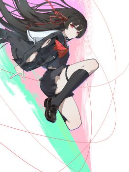 1girl absurdres arm_cutout black_hair black_jacket black_serafuku black_shirt black_shoes black_skirt black_socks chinese_commentary chisa_(wuthering_waves) closed_mouth clothing_cutout commentary_request from_side hair_ribbon highres jacket loafers long_hair long_sleeves looking_at_viewer looking_to_the_side neckerchief red_eyes red_neckerchief red_ribbon ribbon school_uniform serafuku shirt shoes skirt socks solo tacet_mark_(wuthering_waves) thigh_strap thighs wuthering_waves wuye_z