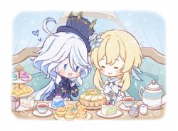Rule 34 | 2girls, :d, ^ ^, ahoge, asymmetrical gloves, black gloves, blonde hair, blue eyes, blue hair, blue hat, blue jacket, blush, blush stickers, border, cake, cake slice, cape, cherry, chibi, closed eyes, closed mouth, commentary request, couch, cream puff, creamer (vessel), cup, curtains, dress, feather hair ornament, feathers, flower, food, fruit, furina (genshin impact), gelatin, genshin impact, gloves, hair between eyes, hair flower, hair intakes, hair ornament, hands up, hat, heart, heterochromia, indoors, jacket, jar, long hair, long sleeves, lumine (genshin impact), macaron, madeleine, mismatched gloves, multicolored hair, multiple girls, notice lines, on couch, open clothes, open jacket, open mouth, parted bangs, pie, pigumon, pillow, saucer, shirt, short hair with long locks, sidelocks, sitting, sleeve cuffs, sleeveless, sleeveless dress, smile, solid oval eyes, sparkle, strawberry shortcake, streaked hair, sugar cube, swept bangs, table, tea, teacup, teapot, tiered tray, tilted headwear, top hat, tray, vambraces, whipped cream, white border, white cape, white dress, white flower, white gloves, white hair, white shirt