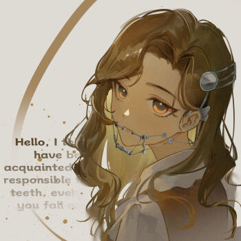 1girl absurdres braces brown_eyes brown_hair commentary_request dress english_text from_side highres long_hair looking_at_viewer portrait red_dress reverse:1999 shii_(user_mdsh7732) shirt solo tooth_fairy_(reverse:1999) white_background white_shirt