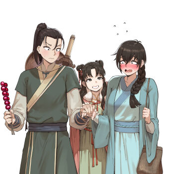 Rule 34 | 1boy, 2girls, absurdres, ah-lyong lee, blush, braid, breasts, brown eyes, brown hair, character request, conical hat, constricted pupils, embarrassed, flower, flying sweatdrops, food, green tunic, grin, hair between eyes, hair flower, hair ornament, hair over shoulder, highres, holding, holding food, holding hands, korean clothes, legend of mortal, long hair, multiple girls, nose blush, open mouth, parted bangs, ponytail, simple background, single braid, smile, sweat, tunic, wavy mouth, white background, ye yunshang