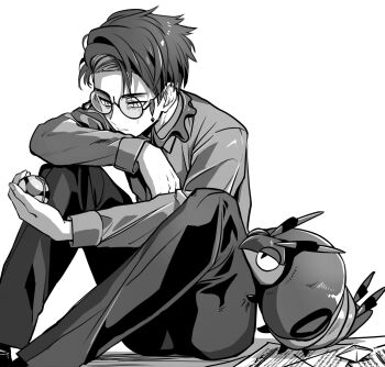 1boy absurdres closed_mouth collared_shirt commentary_request corbeau_(pokemon) dusk_ball feet_out_of_frame gen_5_pokemon highres holding holding_poke_ball long_sleeves looking_at_hand male_focus nintendo pants paper parted_hair poke_ball pokemon pokemon_(creature) pokemon_legends:_z-a round_eyewear shirt short_hair simple_background sitting sleeve_cuffs tassel venipede white_background wing_collar yuuma_(u-ma)