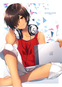 1boy 2023 abstract_background arm_behind_head arm_up brown_eyes brown_hair closed_mouth collarbone commentary_request computer copyright_name dark-skinned_male dark_skin hair_over_one_eye head_tilt headphones highres holding holding_laptop ikezawa_kazuma kagetsu_kei laptop looking_at_viewer male_focus one_eye_covered red_tank_top shorts sitting smile solo summer_wars tank_top white_shorts