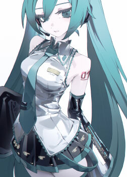 1girl absurdres aqua_eyes aqua_hair aqua_necktie bare_shoulders black_skirt black_sleeves breasts carelier11 chinese_commentary collared_shirt commentary_request cowboy_shot detached_sleeves grey_shirt hatsune_miku headset highres long_hair looking_at_viewer medium_breasts miniskirt necktie number_tattoo open_mouth pleated_skirt shirt shoulder_tattoo simple_background skirt sleeveless sleeveless_shirt sleeves_past_fingers sleeves_past_wrists solo standing tattoo twintails very_long_hair vocaloid white_background