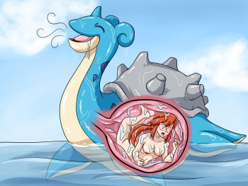 1girl absurdres acid bad_end barefoot betrayal breasts bulge cross-section digesting_girl digestion drooling feet gen_1_pokemon glasses helpless highres imminent_death krlitosss lapras lorelei_(pokemon) nintendo nipples nude ocean peril pokemon pokemon_(creature) pokemon_frlg ponytail stomach stomach_bulge vore water x-ray