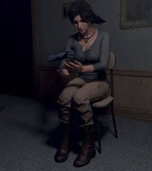 1girl 3d breasts brown_eyes brown_hair catching chair highres jewelry lara_croft necklace rope sitting skvrwiel tomb_raider