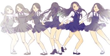 1girl blue_dress commentary dancing dress full_body gfriend k-pop korean_commentary long_hair looking_at_viewer necktie open_mouth real_life school_uniform sequential shirt smile socks solo standing standing_on_one_leg tomalavu white_background white_shirt white_socks
