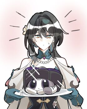1girl aqua_eyes bead_necklace beads black_hair cake_cat_(honkai:_star_rail) clothing_cutout collar dress flower gloves hair_flower hair_ornament hashtag-only_commentary herta_(honkai:_star_rail) herta_(wisteria_cake)_(honkai:_star_rail) highres holding holding_plate honkai:_star_rail honkai_(series) jewelry kabokwa multicolored_hair necklace plate ruan_mei_(honkai:_star_rail) shoulder_cutout sparkle streaked_hair sweatdrop upper_body white_background