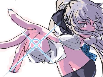 1girl black_bow blue_eyes bow commentary_request fate/grand_order fate_(series) hair_between_eyes hair_bow highres long_hair looking_at_viewer morgan_le_fay_(fate) morgan_le_fay_(first_ascension)_(fate) niwaikanai ponytail simple_background solo white_background white_hair