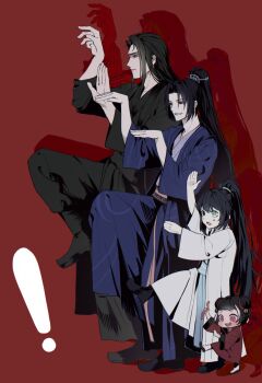 ! 1girl 3boys aged_down aqua_eyes black_boots black_eyes black_hair black_hanfu black_pants black_sash blue_hair blue_sash boots brother_and_sister brothers chanil_(muexlku) chinese_clothes clenched_teeth closed_mouth daxiushan double_bun furrowed_brow hair_bun hanfu heterochromia high_ponytail highres holding_bug hong_lu_(project_moon) jia_huan_(project_moon) jia_qiu_(project_moon) jia_xichun_(project_moon) korean_commentary limbus_company long_hair long_sleeves looking_ahead multicolored_hair multiple_boys open_mouth pants pink_eyes ponytail project_moon red_background red_eyes sash shadow siblings smile streaked_hair sweatdrop teeth white_hanfu white_streaks wide_sleeves worm xiao_guan_(headdress) yotsubato!_pose