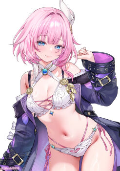 1girl adapted_costume aged_up bare_shoulders bikini blue_eyes breasts cleavage closed_mouth clothing_cutout coat commentary commentary_request cowboy_shot cyrene_(honkai:_star_rail) cyrene_(philia093)_(honkai:_star_rail) english_commentary hair_intakes hair_ornament hand_up highres honkai:_star_rail honkai_(series) looking_at_viewer machi_(machi0910) medium_breasts medium_hair mixed-language_commentary navel pink_hair pink_pupils purple_coat side_cutout simple_background smile solo stomach swimsuit thighs twitter_username white_background white_bikini