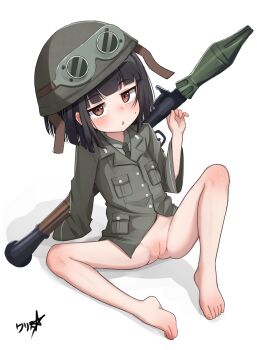1girl :o absurdres arm_support barefoot black_hair blush boppin borrowed_character bottomless brown_eyes buttons cleft_of_venus collared_shirt combat_helmet commission goggles goggles_on_headwear helmet highres jitome loli m1_bazooka military_uniform mole mole_on_cheek necktie original pussy rocket_launcher shirt simple_background sitting solo spread_legs uncensored weapon weapon_on_back white_background