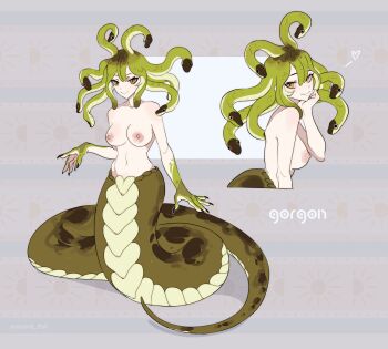 1girl absurdres breasts claws commentary english_commentary green_hair hair_between_eyes heart highres inktober lamia looking_at_viewer medium_breasts monster_girl multiple_views navel nipples nude original smile snake_hair twitter_username unreal_fish yellow_eyes