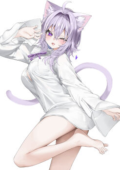 1girl ;d ahoge animal_ear_fluff animal_ears barefoot breasts button_gap cat_ears cat_girl cat_tail collared_shirt commentary_request crossed_bangs double-parted_bangs dress_shirt hair_between_eyes hand_up highres hololive kamioka_shun'ya large_breasts looking_at_viewer medium_hair messy_hair naked_shirt nekomata_okayu nekomata_okayu_(oversized_shirt) one_eye_closed open_mouth purple_eyes purple_hair shirt simple_background smile solo tail virtual_youtuber white_background white_shirt