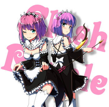 2girls aqua_eyes archer_(clash_royale) arrow_(projectile) blush bow_(weapon) breasts clash_royale cleavage copyright_name cosplay detached_sleeves highres holding holding_weapon kuroma_(no_plan) looking_at_viewer maid maid_headdress multiple_girls one_eye_closed re:zero_kara_hajimeru_isekai_seikatsu rem_(re:zero) rem_(re:zero)_(cosplay) short_hair simple_background skirt_hold smile standing thighhighs weapon white_background white_legwear wide_sleeves