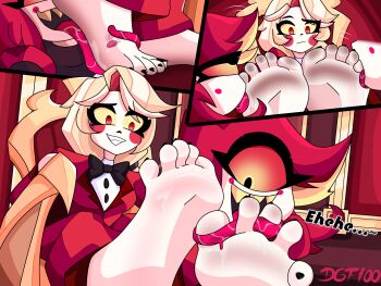 2girls artist_name barefoot chair charlie_morningstar colored_sclera colored_skin comic demon_girl dgf100 dirty dirty_feet feet foot_focus foot_worship hazbin_hotel hellaverse highres long_hair multiple_girls nervous niffty_(hazbin_hotel) one-eyed prehensile_tongue red_eyes sharp_teeth sharp_toenails sitting soles teeth throne toenails toes tongue white_skin yuri