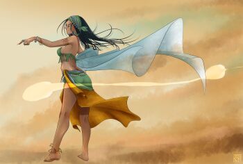 1girl absurdres anklet arabian_clothes arm_tattoo bare_shoulders barefoot black_hair breasts brown_background feet fingernails gradient_background gypsy gypsy_(ragnarok_online) highres jewelry long_hair looking_to_the_side medium_breasts original sandstorm sharp_fingernails solo tan tassel tattoo very_long_fingernails yellow_background