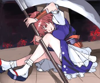 Rule 34 | 1girl, blue dress, breasts, closed mouth, commentary, dress, flower, from side, full body, highres, holding, holding scythe, junny, knees up, large breasts, looking at viewer, obi, onozuka komachi, red eyes, red flower, red hair, sash, scythe, short hair, sitting, smile, socks, solo, spider lily, touhou, white socks