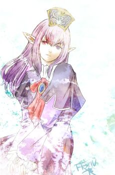 1girl blue_gemstone brooch elf elvaan final_fantasy final_fantasy_xi gem jewelry long_hair long_sleeves pointy_ears prishe purple_eyes purple_hair red_ribbon ribbon ruka_(blueplus84) smile solo