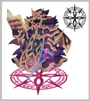 armor artist_request asgard belt black_armor black_cape black_cloak black_fur black_hood black_tabard book border cape character_request cloak collared_tabard fantasy full_body gauntlets gem glowing glowing_eyes glowing_sword glowing_weapon gold_belt grey_border headpiece high_collar holding holding_book holding_sword holding_weapon hood hood_up hooded_cloak left-handed magic_circle nexon no_humans official_art open_book pauldrons production_art purple_armor purple_cloak purple_gemstone red_gemstone second-party_source shoulder_armor simple_background solo sword tabard two-sided_cape two-sided_fabric weapon white_background yellow_eyes