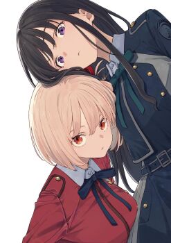 2girls black_hair blonde_hair blue_jacket breasts closed_mouth commentary highres imigimuru inoue_takina jacket large_breasts looking_at_viewer lycoris_recoil lycoris_uniform multicolored_jacket multiple_girls nishikigi_chisato purple_eyes red_eyes red_jacket short_hair simple_background symbol-only_commentary two-tone_jacket white_background