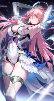 Rule 34 | 1girl, absurdres, aemeath (wuthering waves), ahoge, arms up, bare shoulders, breasts, closed mouth, commentary, elbow gloves, gloves, hair ornament, highres, leotard, long hair, looking at viewer, medium breasts, orange eyes, pink hair, ponytail, ryugisa, showgirl skirt, skirt, smile, solo, star-shaped pupils, star (symbol), symbol-only commentary, symbol-shaped pupils, thighs, white gloves, white leotard, white skirt, wuthering waves