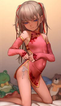 1girl 3: alice_(as109) arched_back as109 barefoot blue_eyes blush breasts cherry_blossom_print china_dress chinese_clothes city_no.109 closed_mouth commentary_request covered_navel detached_sleeves dress female_focus floral_print hair_ribbon half-closed_eyes highres indoors kneeling loli long_hair on_bed original panties pink_dress red_ribbon revealing_clothes revision ribbon sexually_suggestive short_dress side-tie_panties side_slit sidelocks silver_hair small_breasts solo stuffed_animal stuffed_dolphin stuffed_frog stuffed_toy teddy_bear thighs tsurime two_side_up underwear white_panties