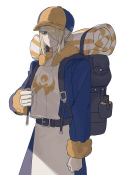 1boy absurdres backpack bag belt black_eyes blonde_hair ccf2q closed_mouth ginkgo_guild_uniform hair_over_one_eye hat highres jumpsuit long_sleeves looking_at_viewer male_focus nintendo pokemon pokemon_legends:_arceus simple_background solo volo_(pokemon) white_background