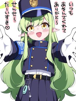 1girl :d armband belt black_belt blue_archive blue_armband blue_hat blue_jacket blue_skirt blush buta_(dhakaoat) buttons commentary_request demon_girl double-breasted fang gloves green_hair green_halo hair_between_eyes halo hat heart highres hikari_(blue_archive) jacket long_hair long_sidelocks long_sleeves looking_at_viewer open_mouth outstretched_arms palms peaked_cap pleated_skirt pointy_ears reaching reaching_towards_viewer shirt shirt_tucked_in short_eyebrows sidelocks simple_background skin_fang skirt smile solo straight-on translation_request very_long_hair white_background white_gloves white_shirt yellow_eyes