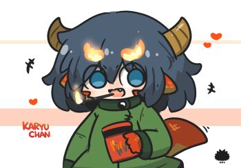 +++ 1girl black_hair blue_eyes character_name chibi chinese_clothes commentary dragon_girl dragon_horns dragon_tail english_commentary fang fiery_eyebrows fire green_jacket hair_between_eyes heart highres horns jacket long_sleeves open_mouth original sea_urchin solo tail uni_souchou upper_body white_background