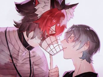2bnerikeshi 2boys animal_ear_fluff animal_ears bandaged_arm bandaged_chest bandages black_hair black_shirt blush collar commentary_request dog_boy dog_ears drooling eye_contact from_side green_eyes grey_background grey_hair hair_between_eyes half-closed_eyes highres jewelry komano_manato looking_at_another male_focus multicolored_hair multiple_boys muscular muscular_male muzzle_(mask) naked_bandage necklace parted_lips red_eyes red_hair shirt short_hair sweat upper_body wise_(zenless_zone_zero) yaoi zenless_zone_zero