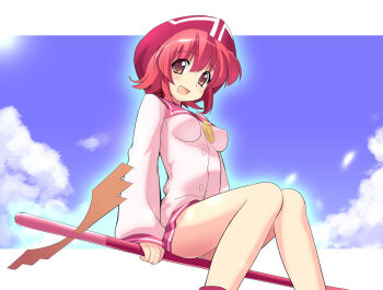 00s 1girl behoimi beret breasts broom broom_riding cloud day female_focus hat medium_breasts nipples pani_poni_dash! panties pantyshot pink_eyes pink_hair short_hair sidesaddle sikorsky sitting skirt sky solo underwear upskirt