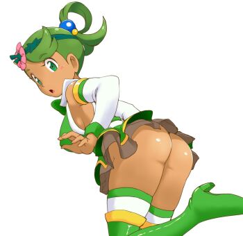 1girl alternate_costume aqua_(konosuba) aqua_(konosuba)_(cosplay) ass boots breasts cosplay dark-skinned_female dark_skin green_eyes green_hair hair_ornament high_heel_boots high_heels highres large_breasts mallow_(pokemon) nintendo pokemon pokemon_sm simple_background skirt solo thighhighs tof underwear upskirt white_background