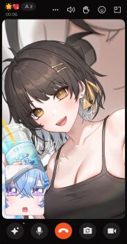 3girls antenna_hair bad_id bad_twitter_id bare_shoulders black_hair black_tank_top blue_hair blush breasts camellya_(wuthering_waves) camellya_mascot_(meme) cleavage collarbone colored_inner_hair commentary cup disposable_cup drinking_straw earrings fake_phone_screenshot fake_screenshot female_rover_(wuthering_waves) hair_between_eyes hair_intakes hair_ribbon highres holding holding_cup jewelry large_breasts looking_at_viewer meme multicolored_hair multiple_girls open_mouth purple_eyes ribbon rover_(wuthering_waves) shorekeeper_(wuthering_waves) smile symbol-only_commentary tank_top tearing_up triangle_earrings video_call white_hair wuthering_waves yellow_eyes yellow_ribbon zua_(2vziu)