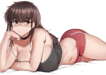 1girl absurdres black_choker black_tank_top breasts brown_eyes brown_hair choker closed_mouth commentary dolphin_shorts english_commentary glasses highres large_breasts long_hair looking_at_viewer lying navel original red_shorts rev60 shorts simple_background solo stomach tank_top thighs white_background