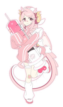 1girl 3_ma_me alternate_costume apron bandage_on_leg bandaid bandaid_on_leg bow braid dragon_girl dragon_horns dragon_tail dragon_wings duel_monster frilled_apron frills full_body hat highres holding horns jacket jersey_maid large_syringe leg_up leg_warmers light_smile long_hair long_sleeves looking_at_viewer maid maid_apron nurse nurse_cap nurse_dragonmaid oversized_object pink_eyes pink_hair pink_horns pink_jacket simple_background sleeves_past_fingers sleeves_past_wrists smile standing standing_on_one_leg syringe tail track_jacket track_suit turtleneck turtleneck_jacket unconventional_maid v-shaped_eyebrows waist_apron white_apron white_background white_bow white_leg_warmers wings yellow_eyes yu-gi-oh! zipper_pull_tab