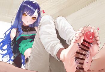 1boy 1girl :o bar_censor bare_shoulders barefoot belt black_belt black_shirt blue_hair breasts censored cropped_shirt detached_sleeves feet footjob green_shirt hair_ornament heart hetero highres indoors jewelry long_hair long_sleeves male_pubic_hair medium_breasts midriff necklace open_mouth orange_eyes pants penis precum project_sekai pubic_hair shiraishi_an shirt sleeveless sleeveless_shirt solo_focus sound_effects star_(symbol) star_hair_ornament suujiniku toenails toes two-footed_footjob white_pants