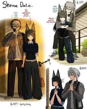 Rule 34 | 1boy, 1girl, absurdres, alternate costume, animal ears, arms around neck, black pants, blue pants, blue shirt, blunt bangs, blush, brown jacket, carrying, carrying person, commentary, denim, english commentary, english text, fox ears, fox girl, green eyes, grey hair, grey shirt, headphones, headphones around neck, hetero, highres, holding, holding sword, holding weapon, hoshimi miyabi, jacket, jeans, katana, long hair, outdoors, own hands clasped, own hands together, pants, piggyback, praying, red eyes, selfie, shirt, short hair, stvulkan, sword, weapon, wise (zenless zone zero), zenless zone zero