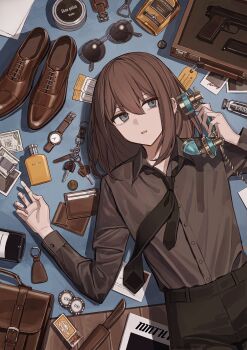 1girl absurdres alcohol antique_phone banknote belt_buckle black_necktie black_pants blue_eyes bottle bottle_cap bottle_opener brown_bag brown_hair brown_shirt brown_shoes buckle charm_(object) coin collared_shirt commentary_request cowboy_shot dress_shirt ear_piercing fingernails gun hair_between_eyes handgun highres holding holding_phone key letter long_sleeves looking_to_the_side loose_necktie lying matches medium_hair money necktie on_floor open_collar open_mouth original pants phone photo_(object) piercing polaroid_photo shirt shoes solo sunglasses tamitami ticket unworn_eyewear unworn_shoes unworn_wristwatch wallet watch weapon weapon_case weapon_request whiskey wooden_floor wristwatch