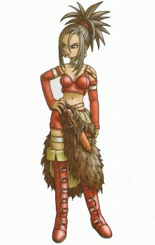 Rule 34 | 1girl, absurdres, blue eyes, boots, breasts, brown hair, bustier, choker, cleavage, detached sleeves, dragon quest, dragon quest viii, earrings, full body, hand on own hip, highres, hoop earrings, jewelry, knife sheath, looking to the side, midriff, navel, o-ring, o-ring choker, official art, pelt, ponytail, red (dq8), red boots, red bustier, red lips, red shorts, red sleeves, scan, sheath, shorts, silver choker, silver earrings, silver thighlet, spiked hair, thigh boots, thighlet, third-party source, toriyama akira, white background