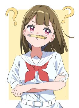 1girl ? artistic_error balancing_on_nose blunt_ends border braid brown_hair center-flap_bangs commentary dress frown hasu_no_sora_school_uniform highres kachimachi_kosuzu kai_(shell) link!_like!_love_live! love_live! medium_hair neckerchief outside_border puffy_short_sleeves puffy_sleeves red_neckerchief sailor_collar sailor_dress school_uniform short_sleeves side_ahoge side_braids simple_background solo summer_uniform upper_body virtual_youtuber white_border white_dress white_sailor_collar yellow_background