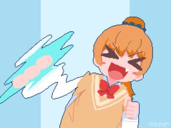 >_< 1girl :3 :d animated animated_gif blue_background blue_skirt blush_stickers bow bowtie brown_shoes brown_sweater_vest can drink_can fang high_ponytail holding holding_umbrella kawawagi long_sleeves open_mouth orange_hair original pantyhose pixel_art ponytail red_bow red_bowtie reflective_floor shoes sitting skirt smile solo sweater_vest thumbtack two-tone_background umbrella