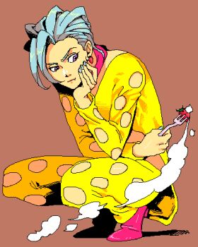 1boy blue_hair commentary_request earrings food food-themed_earrings food_themed_earrings fork fruit full_body head_rest holding holding_fork jacket jewelry jojo_no_kimyou_na_bouken lowres male_focus nedayashi pannacotta_fugo pants pink_shoes purple_eyes shoes solo squatting strawberry strawberry_earrings vento_aureo yellow_jacket yellow_pants