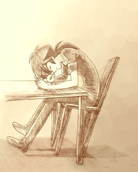 1boy ahiru_(duck)_(princess_tutu) ahiru_(princess_tutu) bird blush chair closed_eyes closed_mouth commentary_request duck fakir_(princess_tutu) long_hair official_alternate_costume official_style pants ponytail princess_tutu quhi_nts shirt sitting sketch smile table