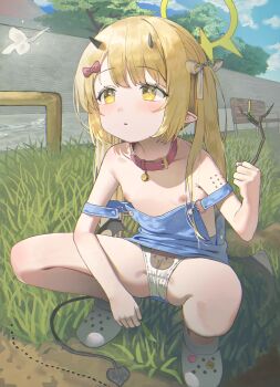 1girl absurdres blonde_hair blue_archive collar demon_horns demon_tail demon_wings flat_chest halo highres horns ibuki_(blue_archive) loli merong_(sou47897) nipples outdoors overalls panties pointy_ears solo squatting tail underwear wardrobe_malfunction wings yellow_eyes yellow_halo
