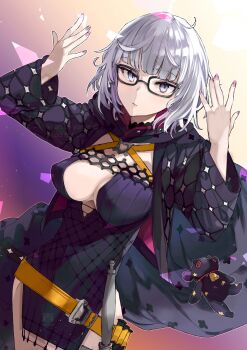1girl absurdres artist_name baby_animal belt black_dress black_jacket blue_eyes breasts cleavage cropped_jacket dress fate/grand_order fate_(series) glasses grey_hair highres hood hooded_jacket jacket jacques_de_molay_(foreigner)_(fate) jacques_de_molay_(foreigner)_(second_ascension)_(fate) lamb large_breasts long_sleeves looking_at_viewer open_clothes open_jacket sheep short_dress short_hair sword thighs watermark weapon yun-yang