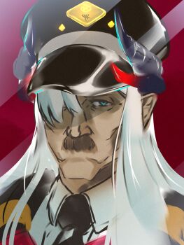 Rule 34 | 1boy, adolf hitler, black hat, black necktie, blue archive, blue eyes, collared shirt, commentary request, facial hair, gehenna academy logo, genderswap, genderswap (ftm), hair over one eye, hat, highres, horns, long hair, makoto (blue archive), multiple horns, mustache, nazi, necktie, nickel 0114, peaked cap, pointy ears, portrait, real life, red background, shirt, solo, white hair